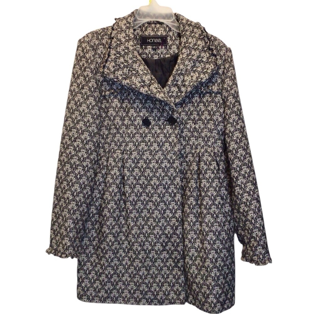 Honee Women’s Patterned Wool Blend Peacoat Jacket Size L Double Breasted Lined